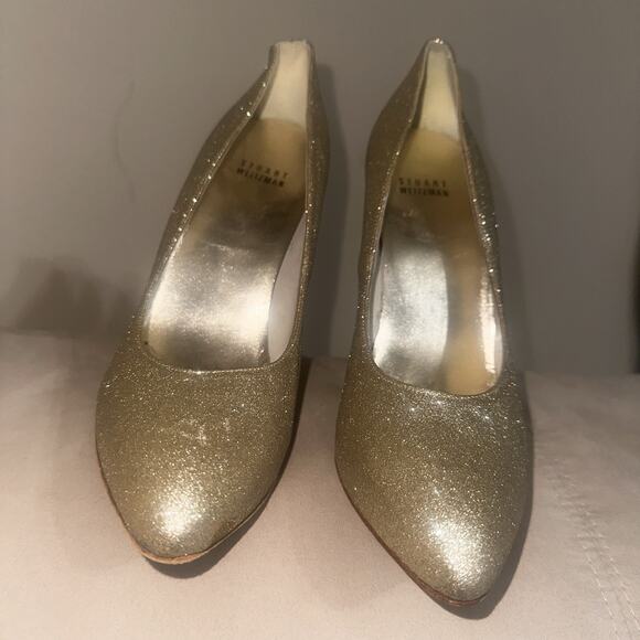Stuart Weitzman Dagger Sabbia Gold Glitter Metal Stiletto Heels Pumps Size 8.5 - Picture 8 of 12